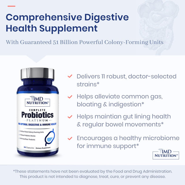 1MD Nutrition Complete Probiotics Platinum | Supports Digestive Health | with Nourishing Prebiotics, 51 Billion Live CFU, 11 Strains, Dairy-Free | 30 Vegetable Capsules