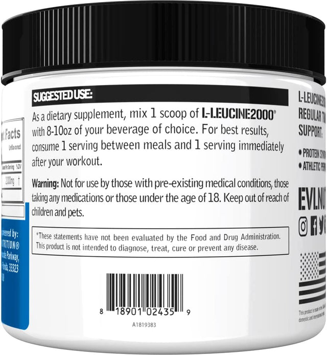 Evlution Nutrition L-Leucine2000, 2000Mg of Pure L-Leucine in Each Serving, Protein Synthesis, Recovery, Vegan, Gluten-Free, Unflavored Powder (100 Servings)