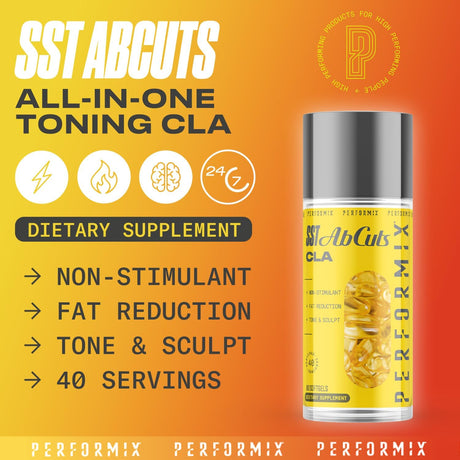 PERFORMIX - SST Abcuts - CLA 1,000 Mg - Stim Free - Thermogenic - Fitness Goals - Metabolism Booster - Health & Wellness - Safflower Oil, Omega 3, Flax Seed & Vitamin E - Pre Workout - 80 Softgels