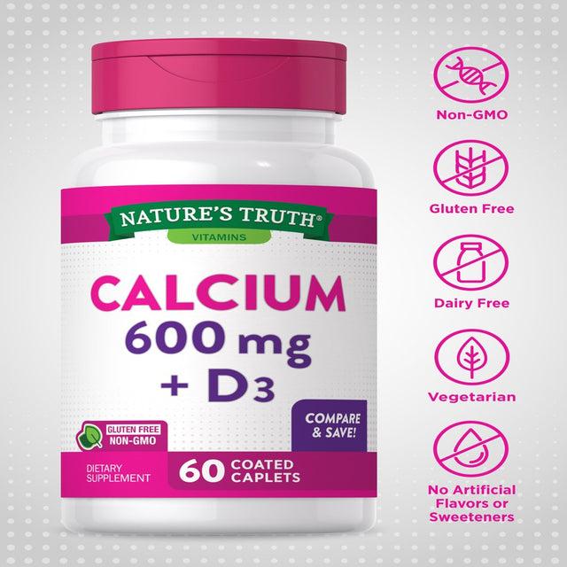 Calcium 600Mg with Vitamin D3 | 60 Tablets | Calcium Carbonate Supplement | Vegetarian, Non-Gmo, Gluten Free | Nature'S Truth