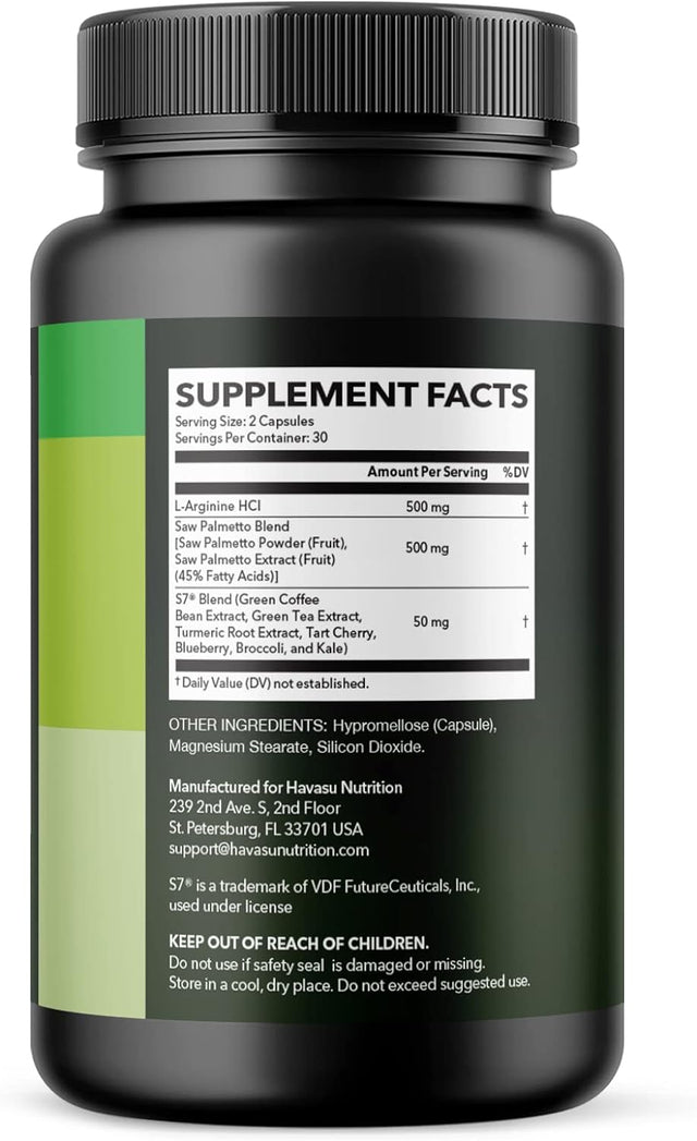 L Arginine Saw Palmetto for Men with S7 Plant-Based Ingredient Blend for Nitric Oxide Boost | Increases Blood Flow and Improves Prostate Support | Active Male Supplement | 60 Vegan Capsules