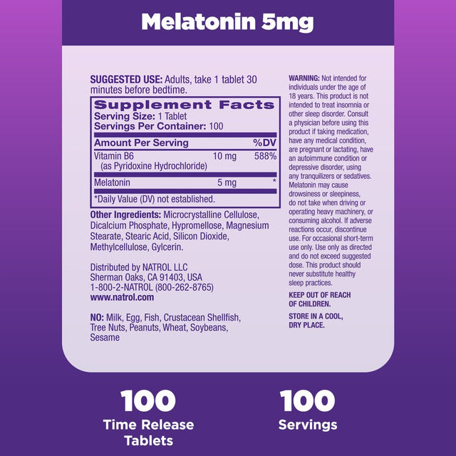 Natrol Melatonin Time Release Sleep Aid Tablets, Drug-Free Supplement, 5Mg, 100 Count