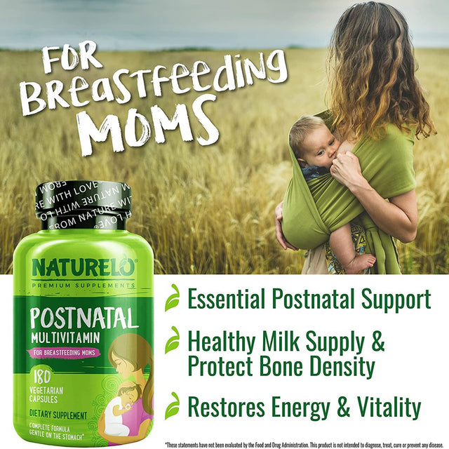 NATURELO Postnatal Multivitamin - Supplement for Breastfeeding Women - Plant-Based Vitamin D, Folate, Gentle Iron - for Nursing Mother, Baby - Post Natal Lactation Support (180 Count (Pack of 1))