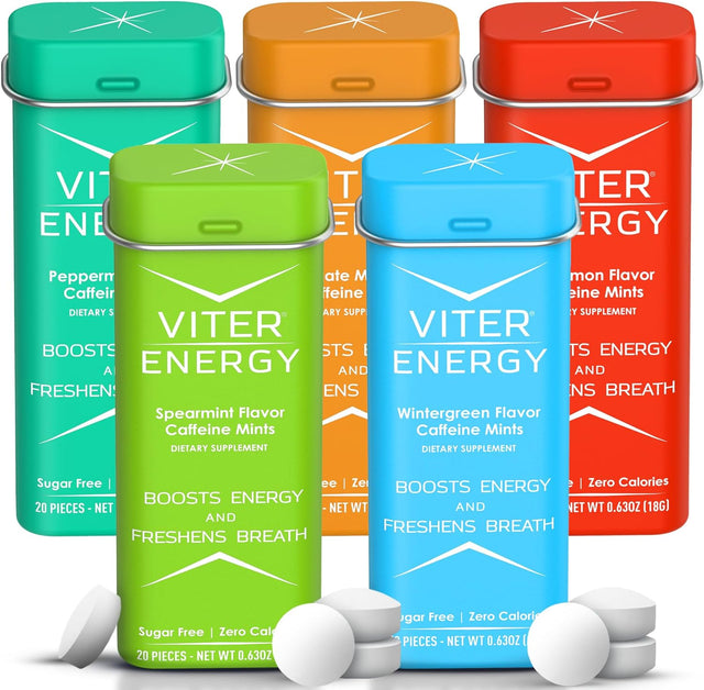 Viter Energy 40Mg Caffeine Mints, Sugar Free, B Vitamins, Vegan, Energy & Focus Nootropic Supplement (Variety Flavors, 20Pcs, 5 Pack, 120Pcs Total)