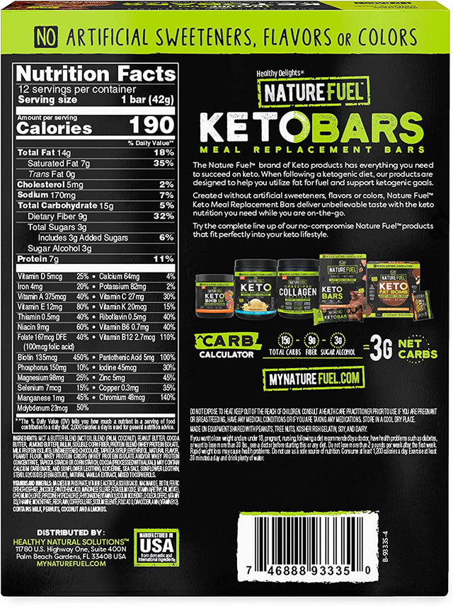 Nature Fuel Low Carb Meal Replacement Bar, Keto Friendly Snack for Weight Loss with 0G Added Sugar & Whey Protein Mcts, Peanut Butter Chocolate Chunk, 12 Count Box