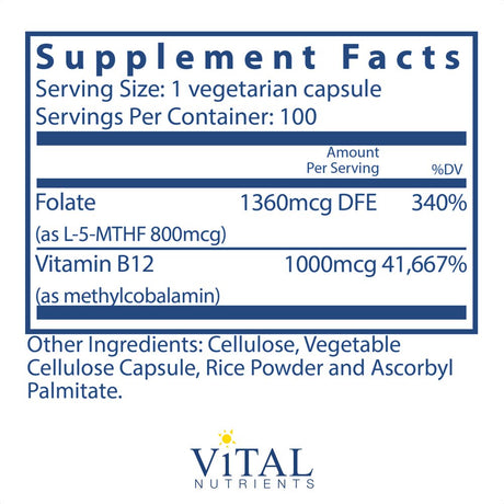 Vital Nutrients - Vitamin B12 / Methyl Folate - Supports Healthy Brain Cell Function - 100 Vegetarian Capsules per Bottle