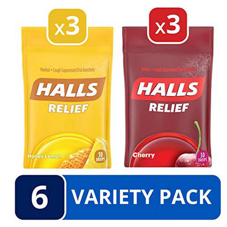 HALLS Relief Variety Pack Honey Lemon and Cherry Cough Drops, 6 Packs of 30 Drops (180 Total Drops)