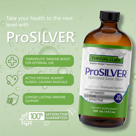 Prosilver Ionic Silver Liquid, Optimized 20 PPM Bio-Active Liquid Silver for Immune Support, Maximum Absorption Ionic Silver in Dark Glass Bottle with Dropper, 96 Servings, 16Oz - Thrival Labs