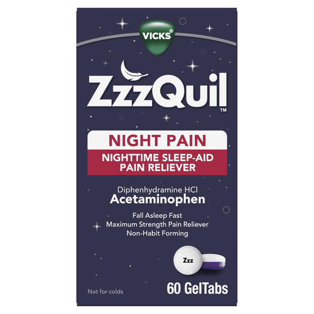 Vicks Zzzquil Night Pain Nighttime Sleep Aid Pain Reliever Geltabs, Over-The-Counter Medicine, 60 Ct