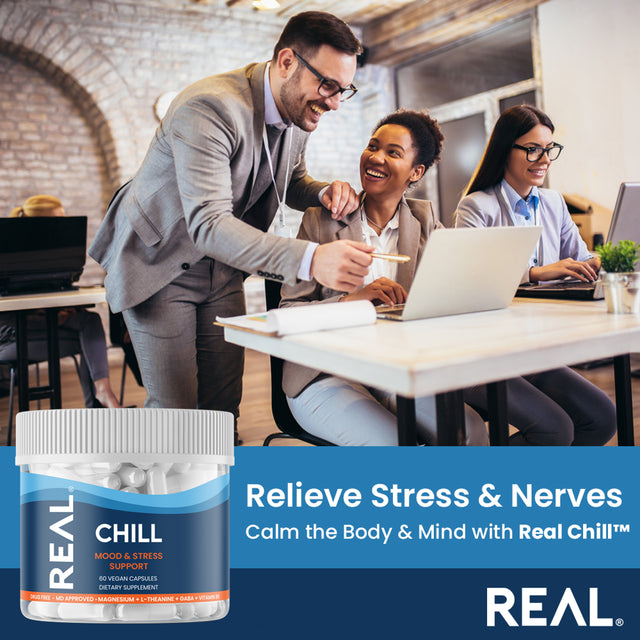 Real Vitamins Chill - Nootropic Anxiety & Stress Relief Capsules for Calm & Relaxation, 60 Count