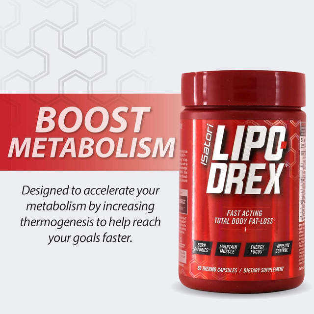 Isatori Lipo-Drex Fat Loss Thermogenic Formula - Focus Blend - Fast Acting Total Body Fat Burner Weight Loss Muscle Maintenance and Appetite Suppressant for Men and Women - 60 Capsules