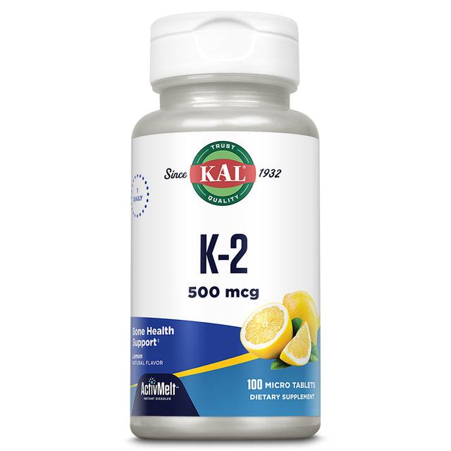 KAL Vitamin K-2 500 Mcg Activmelt | Natural Lemon Flavor | Healthy Bone Formation & Cardiovascular Function Support | Vegetarian | 100 Micro Tablets