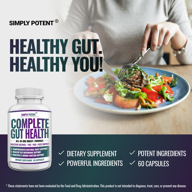 Complete Gut Health, Digestive Enzymes plus Prebiotic, Probiotic & Post Biotic Gastrointestinal Support, Supports Gut Health & Immune Function, 60 Capsules