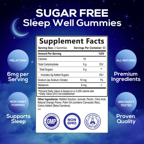 Sleep Melatonin Gummies for Adults Sugar Free - Natural Melatonin Sleep Gummy, Extra Strength Gummy Supplements, Sleep Support Vitamin Supplement, Vegan, Gelatin Free, Non-Gmo, 6Mg, 120 Sleep Gummies