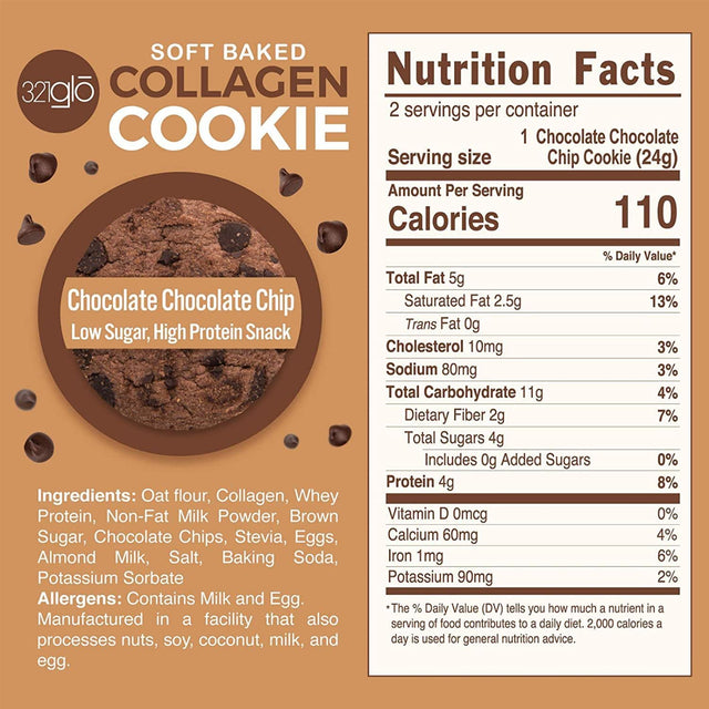 321Glo Collagen Protein Cookies, Soft-Baked Cookies, Low Carb and Keto Friendly Treats for Women, Men, and Kids, 6-PACK (Chocolate Chocolate Chip)