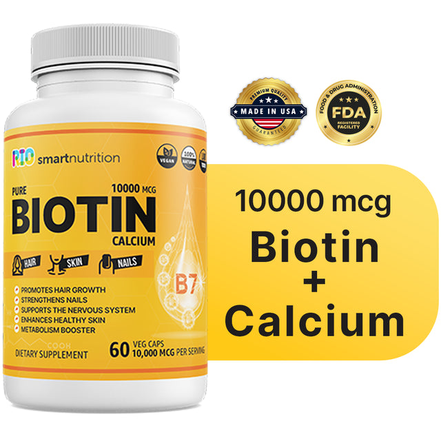 Biotin Pure & Calcium Supplement, 60 Vegan Capsules, for Hair, Skin, Nails, Bones, and Teeth by Rio