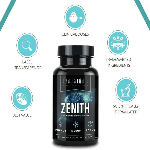 Leviathan Zenith Premium Nootropic Brain Supplement for Concentration, Brain Support for Energy, Memory and Focus - Lions Mane Mushroom, Ashwagandha - 120 Capsules