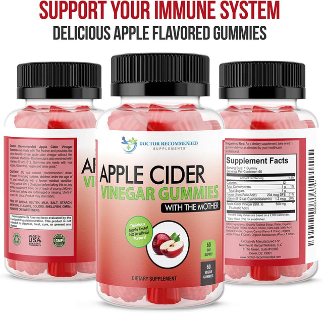 Apple Cider Vinegar Gummy Vitamins - 60 Day Supply of Apple Cider Vinegar Gummies with the Mother, B9, B12, Gluten-Free, Vegan, Non-Gmo ACV for Immunity & Boost Energy, Delicious Apple Flavor