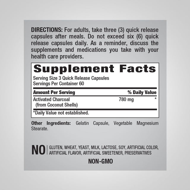 Charcoal Pills 780Mg | 180 Capsules | Activated Charcoal from Coconut Shells | Non-Gmo, Gluten Free Supplement | by Piping Rock