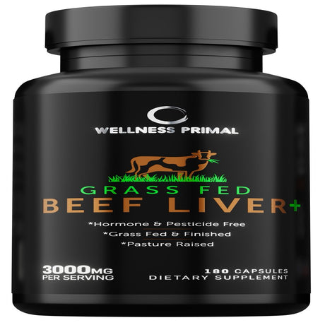 Wellness Primal Beef Liver plus Supplement (Desiccated) Grass Fed , Argentinian Raised Cattle Natural Iron, Vitamin A, B12 for Energy (180 Capsules)