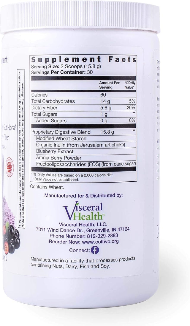 Visceral Health Coltivo Prebiotic Fiber Supplement Powder | Unflavored Powdered Dietary Fiber with Resistant Starch, Inulin, FOS, Aronia & Blueberry Extract | No Added Sugar - 16.7 Oz, 30 Day Supply