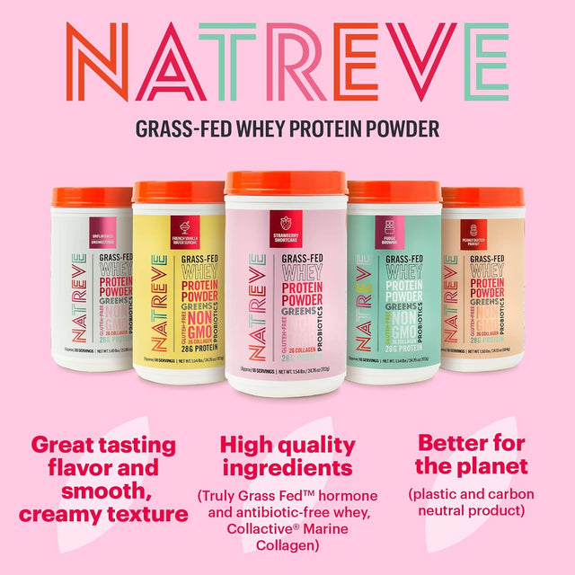 Natreve Whey Protein Powder - 28G Grass-Fed Whey Protein with Amino Acids, Probiotics & Collagen - Gluten Free Strawberry Shortcake, 18 Servings