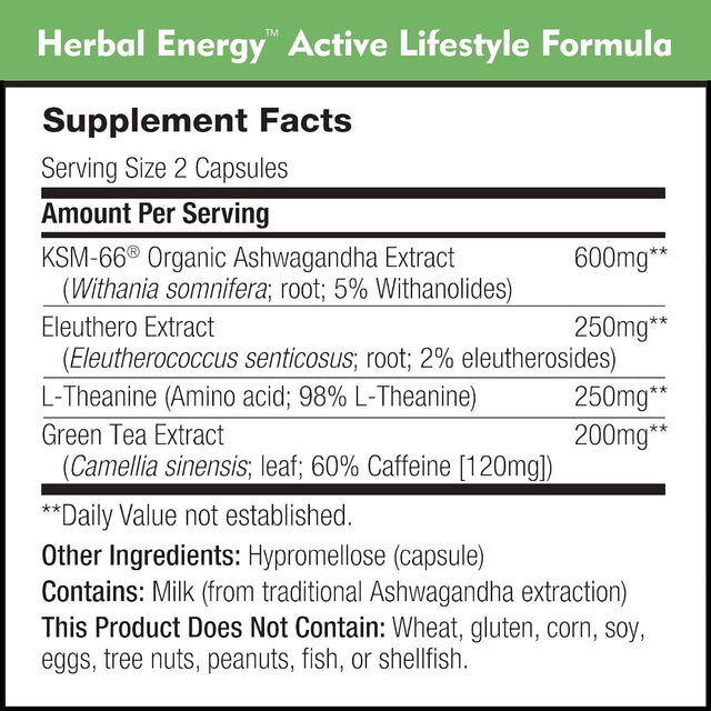 Herbal Energy - Sustained Energy & Focus Supplement with L-Theanine, Green Tea and Ashwagandha - Natural Caffeine Pills without Jitters (90 Capsules)