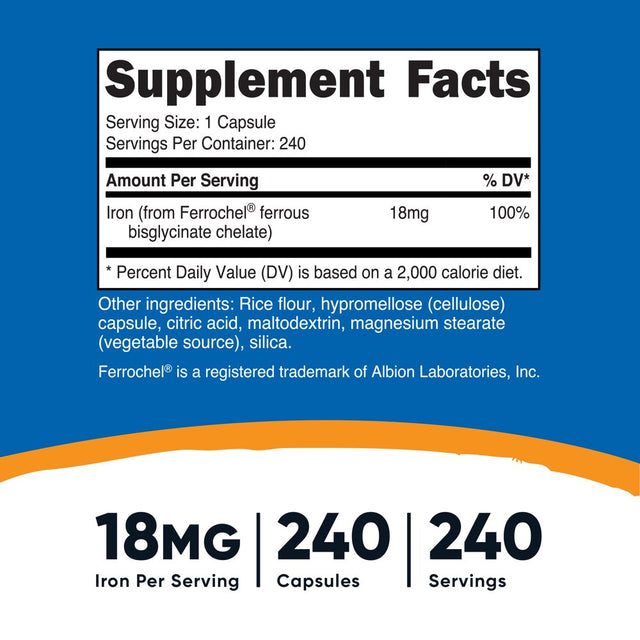 Nutricost Iron Supplement from Ferrochel Ferrous Bisglycinate Chelate, 18Mg, 240 Capsules