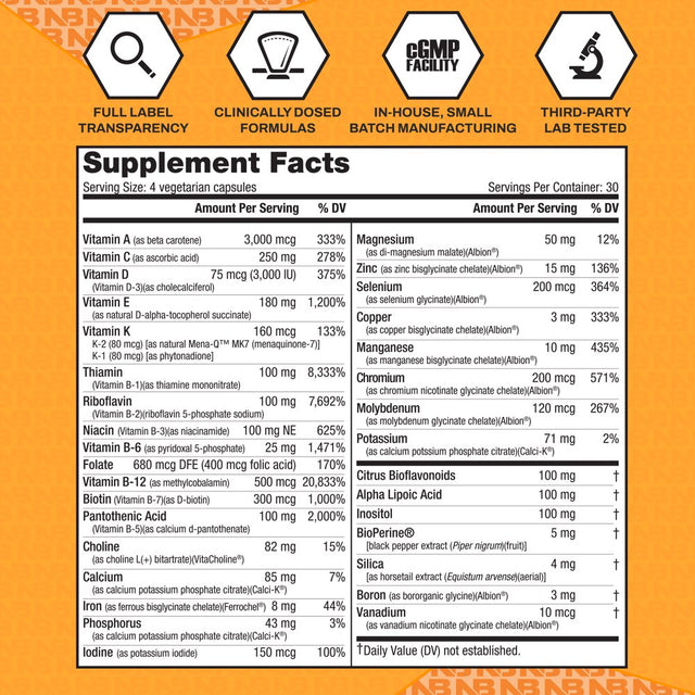 Multisport Men'S Daily Multivitamin-Mineral Supplement, Vitamin C, D, E, MK7, Zinc for Immune Support, 120 Vegetable Capsules, Nutrabio Labs