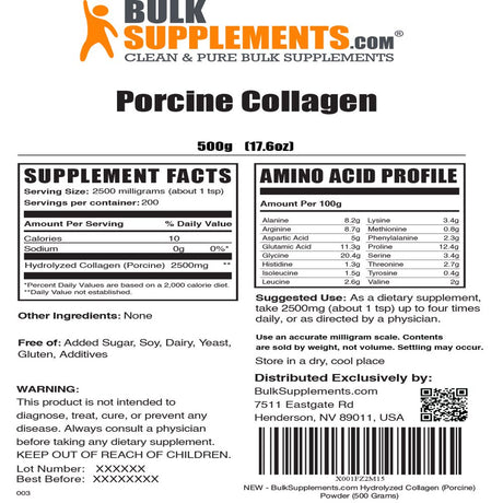 Bulksupplements.Com Hydrolyzed Collagen (Porcine) Powder - Collagen Protein Powder - Keto Collagen Powder - Collagen Peptides Powder (500 Grams)