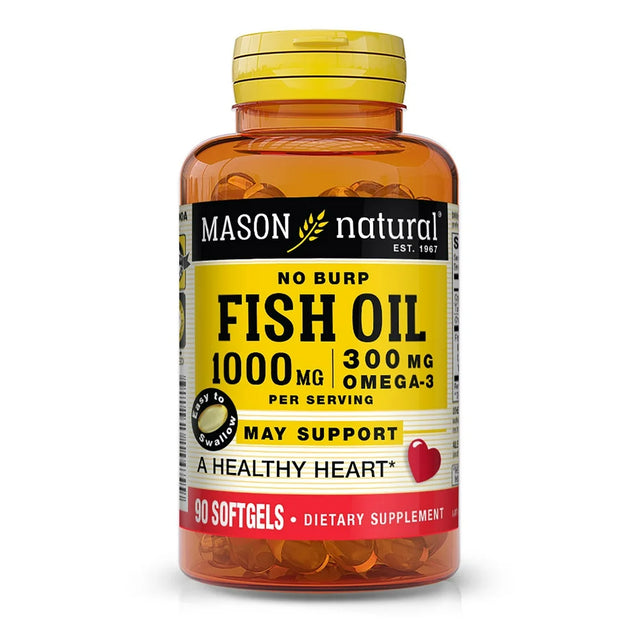 Mason Natural No Burp Fish Oil: 1000Mg Omega-3, Healthy Heart, Circulatory Support, 90 Soft Gels, Serving Size 2 Soft Gels