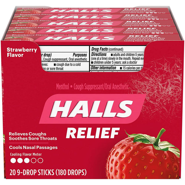 HALLS Relief Strawberry Menthol Flavor, 20 Packs of 9 Drops (180 Total Drops)