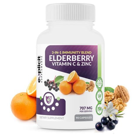 All Natural Elderberry, Vitamin C & Zinc Supplement - Triple Immunity Booster - Extra Strength 3 Month Supply - Supports Immune Health - Made in USA