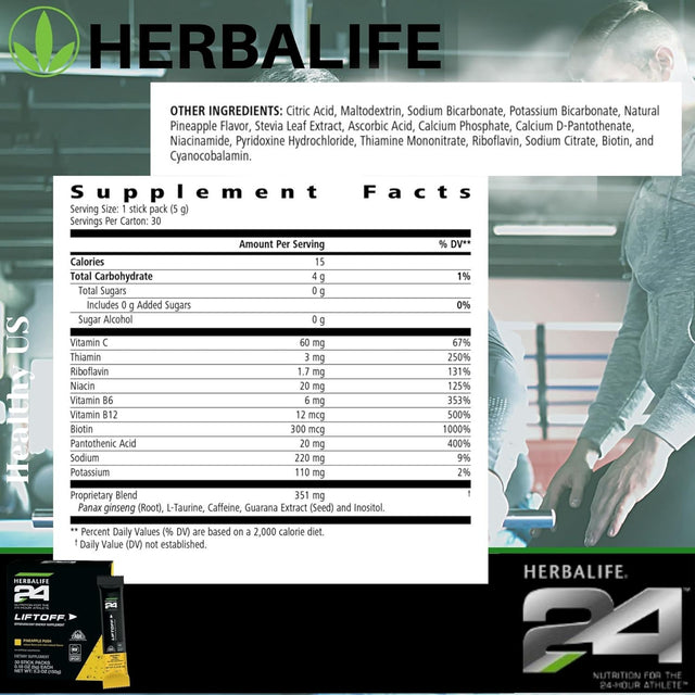 HERBALIFE24 Liftoff: Pineapple Push (30 Stick Packs) Nutrition for the 24-Hour Athlete, Energy Supplement, Natural Flavor with Other Natural Flavors, Certified for Sport, Certified Vegetarian