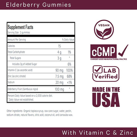 100% Natural Elderberry Gummies with Vitamin C and Zinc , Low Sugar, Vegan, Gluten Free , 60 Count Gummies , 100 Mg Elderberry 90Mg Vitamin C 7.5 Mg Zinc , Supports Immune System Health