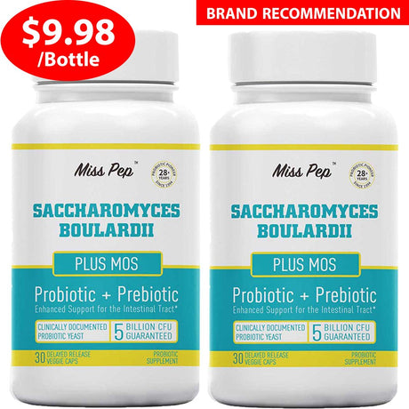 2 Pack Gut Health Intestinal Probiotics Supplement, 5 Billion CFU Saccharomyces Boulardii plus MOS Yeast Fraction, 60 Servings Misspep Nutrition