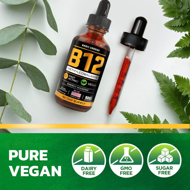 BASIC GREENS Vitamin B12 Sublingual (Vegan) 2 Fl Oz - Methylcobalamin B12 Vitamins 5000 Mcg, B12 Liquid, Liquid B12, B12 Drops, B-12 Vitamin Natural Cherry Flavor