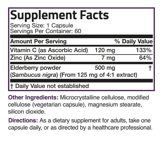 Bronson Sambucus Elderberry with Zinc & Vitamin C Triple Immune Support Complex Immune & Antioxidant Protection, NON-GMO, 60 Vegetarian Capsules