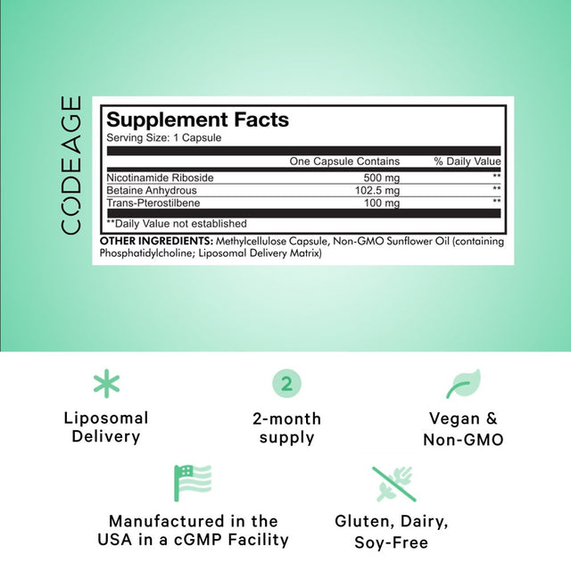 Codeage Liposomal Nicotinamide Riboside Supplement 500Mg NR+, Betaine Anhydrous Pterostilbene, 60 Ct