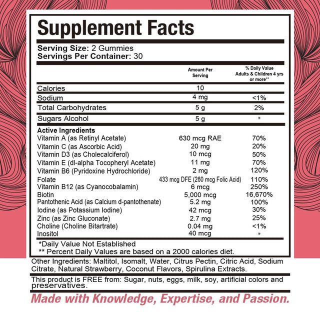 Healthdose Hair Skin Nails with Biotin 5000 Mcg, Vitamin A,D3,C & B6, Gluten & Sugar Free, Coconut & Strawberry Flavor 60 Count Gummies.