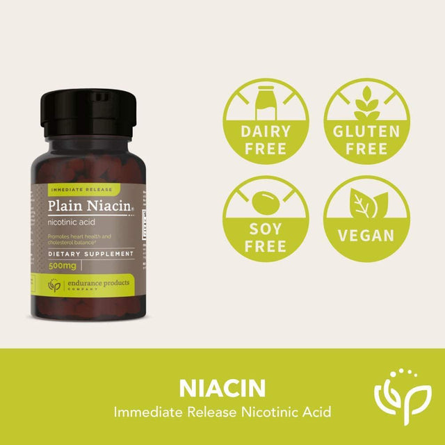 Endurance Products Plain Niacin - 250Mg Immediate Release Niacin with Flush (Vitamin B-3) - Nicotinic Acid 100 Tablets - Non-Gmo, Vegan, Gluten Free Company