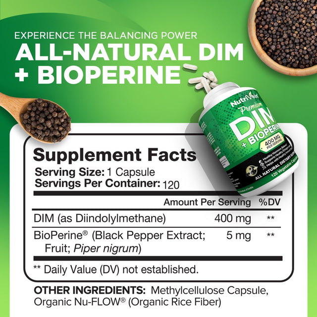 Nutrivein DIM Supplement 400Mg – 120 Capsules - Supports Acne Treatment for Men & Women