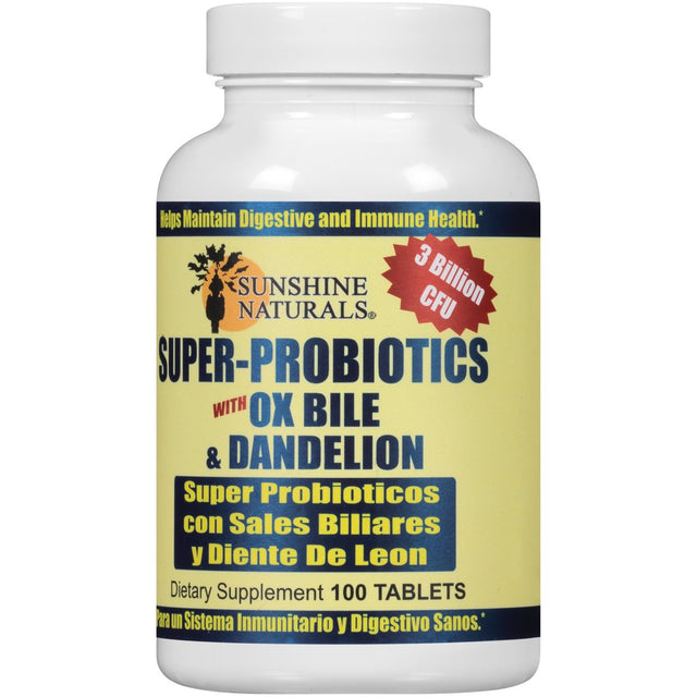 Sunshine Naturals Super Probiotics for Women and Men with Ox Bile & Dandelion, Digestive Enzymes Dietary Supplement - 100 Tablets