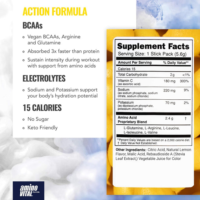 Amino Vital Action- BCAA Amino Acid Drink Mix | Single Serve Pre Workout Packets for Energy and Hydration | No Caffeine, Keto, Vegan Supplement | 28 Stick Packs | Grape & Lemon