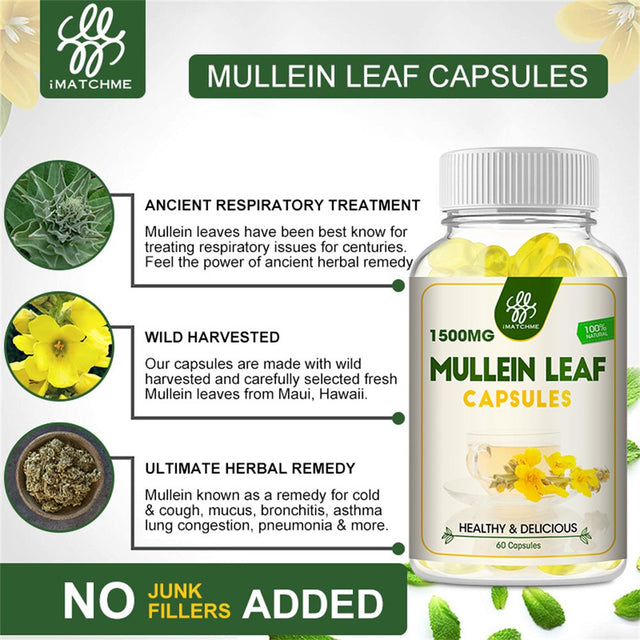 100% Natural Mullein Leaf Capsules Herbal Supplement 1500 Mg | 60 Capsules | Non-Gmo, Gluten Free | Lung Detox & Respiratory Health Support