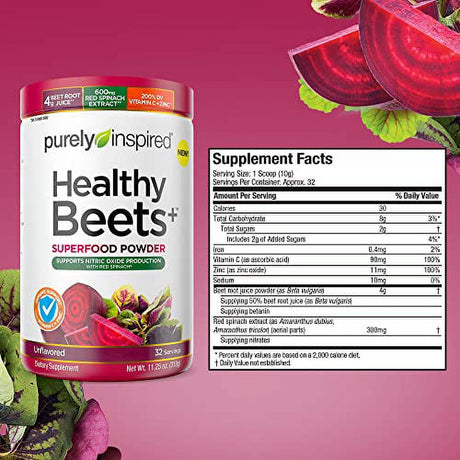 Beet Root Powder | Purely Inspired Healthy Beets + Superfood Powder | Vitamin C & Zinc for Immune Support | Supports Nitric Oxide Production with Red Spinach | Unflavored (32 Servings)