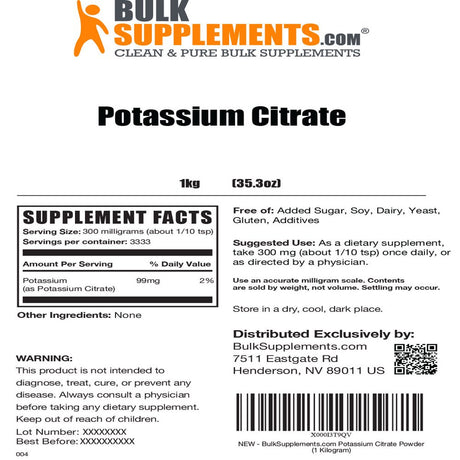 Bulksupplements.Com Potassium Citrate Powder, 300Mg - Electrolyte Supplement (1Kg - 3333 Servings)