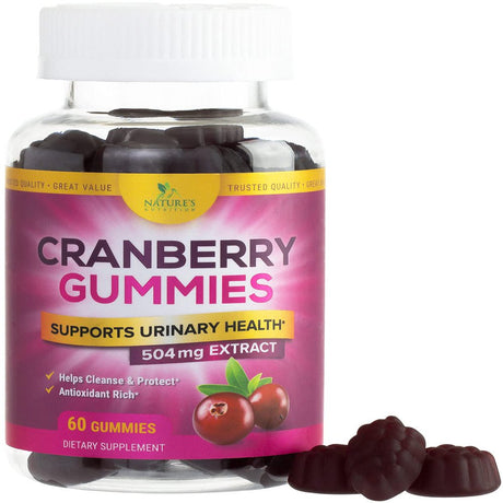 Nature'S Nutrition Cranberry Urinary Tract Health Gummies + Vitamin C - 25,000Mg - Triple Strength Cranberry Concentrate Extract Supplement Pills, Ultimate Potency, Non-Gmo, Gluten Free - 60 Gummies