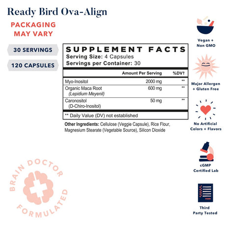 Ready Bird Ova-Align, Myo-Inositol & D-Chiro-Inositol Blend, 40:1 Ratio, 2000 Mg per Serving, Organic Maca Root, Vitamin B8, Healthy Ovarian Support, Hormone Balance for Men & Women, Non-Gmo, 30 Ct