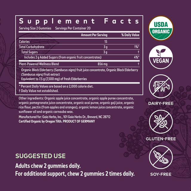 Gaia Herbs Black Elderberry Adult Daily Gummies - 40 Gummies (Up to 20-Day Supply)